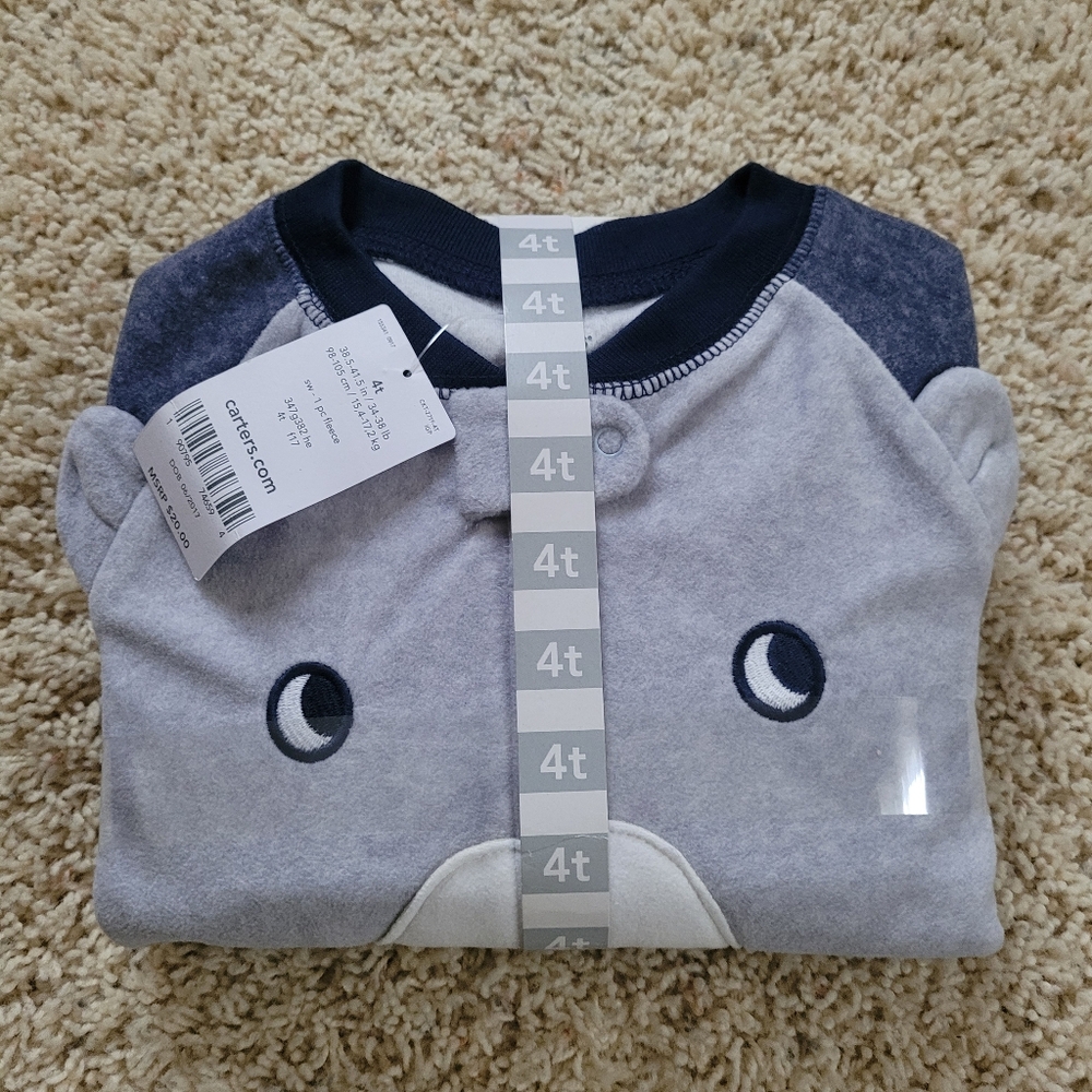 NWT Carter's 4T 1 Piece Fleece Footie Pajamas Blue Navy Bear Nuetral